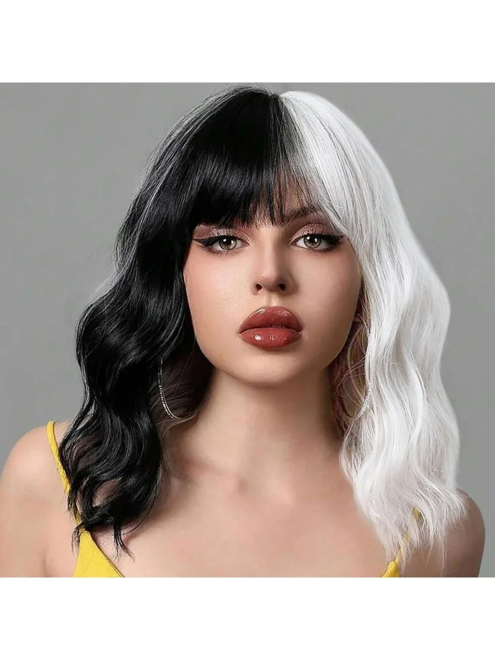 Women's Black White 14 Inch Heat Resistant Short Wavy Hair Pastel Bob Wig Bangs